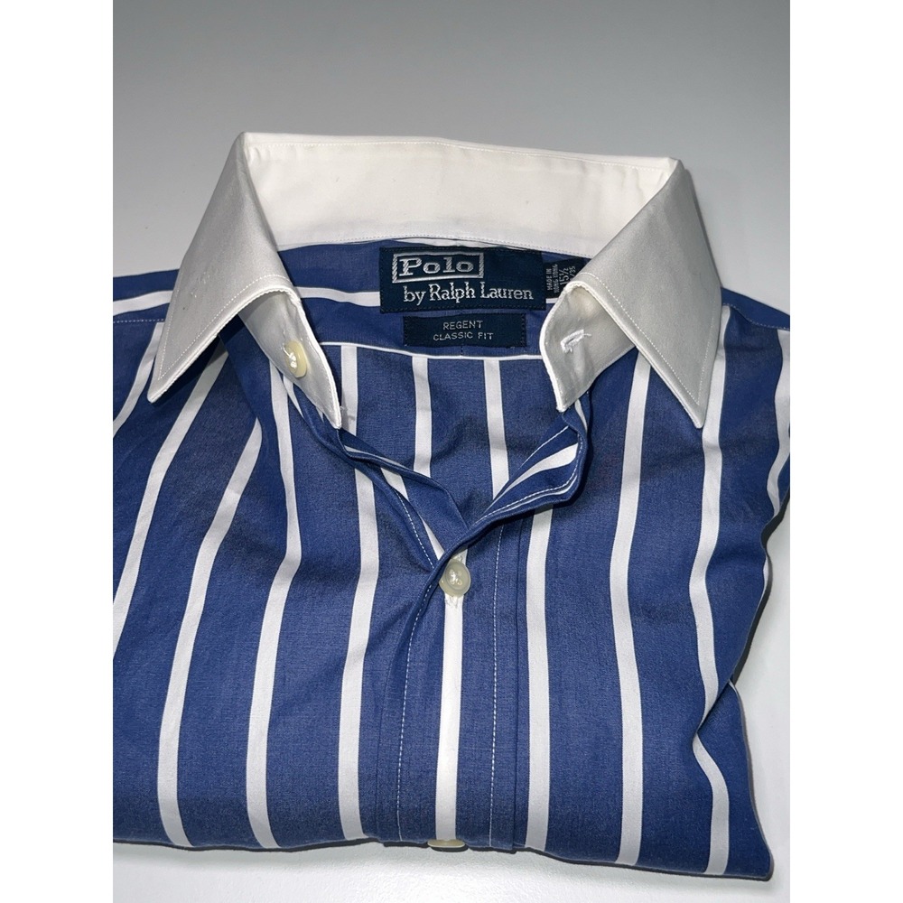 Polo Ralph Lauren Button Up Shirt Mens 15.5 Indigo Stripe White Collar 30s Style - Picture 10 of 11
